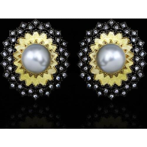 New Fashion Sun Flower Pearl Earrings 925 Sterling Silver Womens Ear Pins Retro Party Jewelry Wedding Bridal Gift