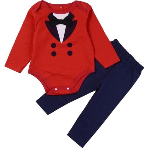 New Autumn & Spring Long Sleeve Baby boys Gentleman Suit Red Romper Top+Full Length Pants Set Lovely Design Bebe Clothing Set