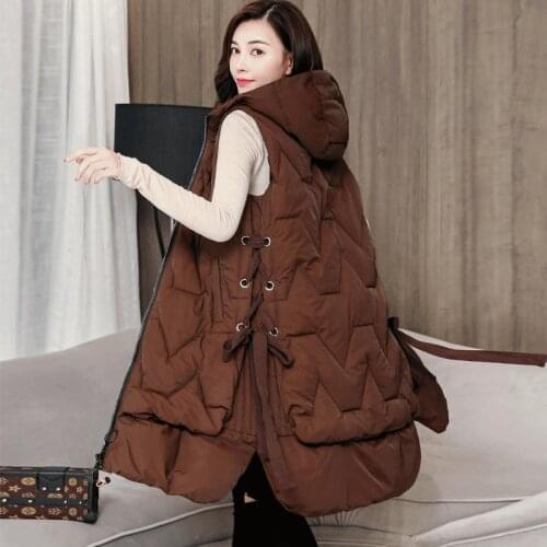 2021 Autumn and Winter Korean Mid-length Down Cotton Vest Womens Fashion Hooded Over-the-knee Long Vest Warm Cotton Waistcoat