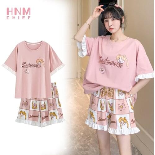 Summer Short Sleeve Pajama Sets 2pcs Women Pajamas Suit Harajuku Anime Homewear Cute Student Crew Neck Nightgown