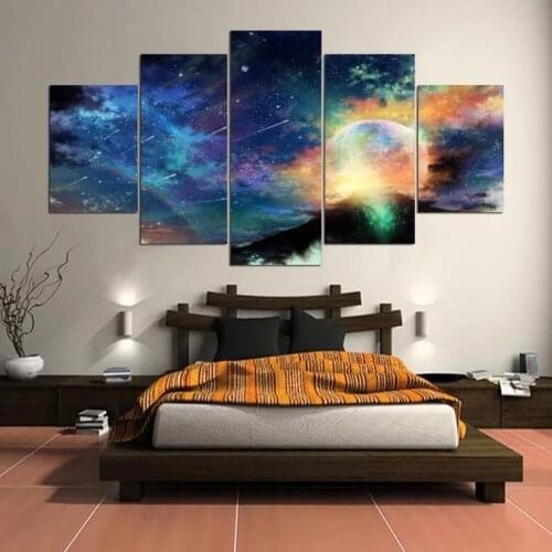 5 Panels Dreamlike Large Space Posters Meteor Shower Colorful Night Sky Painting Space Canvas Art for Living Room