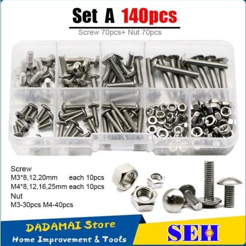SEH 140Pcs Cross Recessed Truss Head Machine Screws M3 M4 Nut Philips Mushroom Head Screw Stainless Steel Nut Assortment Kit