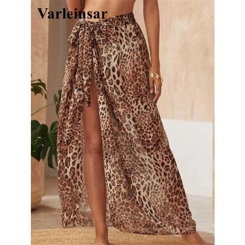 Sexy Leopard Printed Sarong Beach Cover Up Cover-ups Beach Dress High Slit Skirt Summer Beach Wear Beachwear Female Women V3179