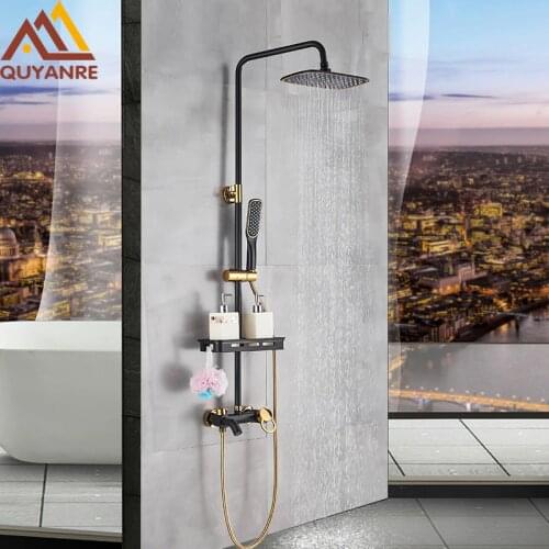 Quyanre Matte Black Gold Shower Faucet Set Bathroom Rainfall Shower System With Shelf 3-way Mixer Hot Cold Water Mixer Tap