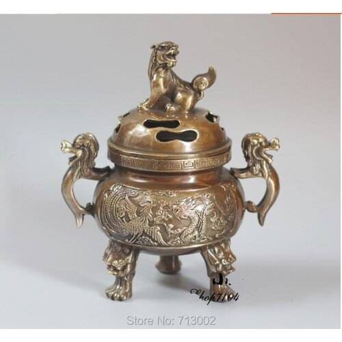 Vintage Lucky Incensory Chinese Dragon Phoenix Incense Burner Censer Copper Beast On It