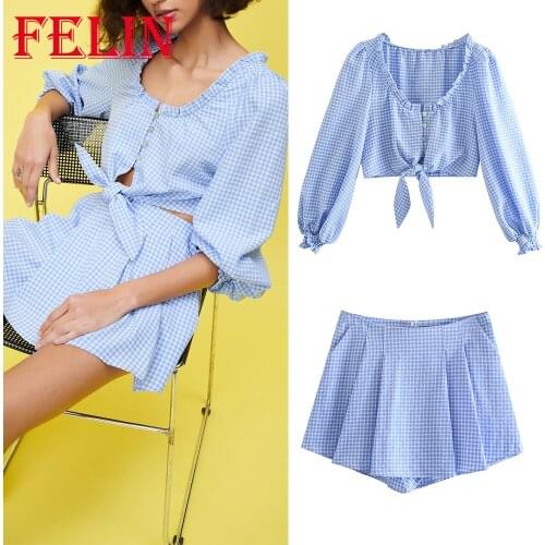 FELIN Za Women Sets Suits Summer Copped Tops and Skirt Shorts Plaid Print Ruffles V Neck Chic Blouse High Waist Loose Shorts