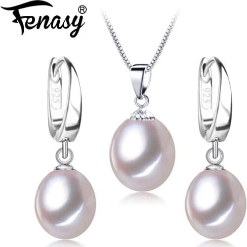 FENASY 925 Sterling Silver Jewelry Sets Natural Freshwater Pearl Drop Earrings Custom Trendy Pendant Chain Necklaces For Women