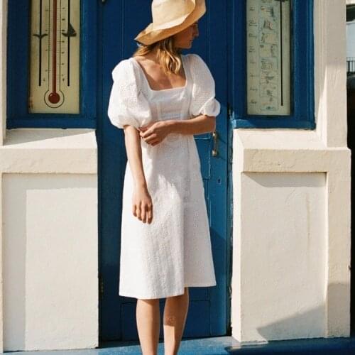 Women Dress French 2021 Autumn New Embroidered Hollow Puff Sleeve Square Neck Waist Solid Color Long Dress