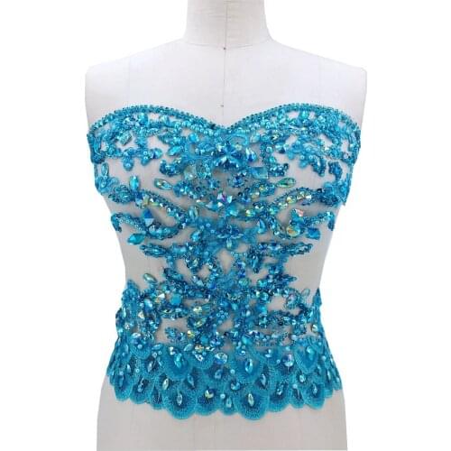 1Piece Rhinestone Crystal Stone Patches Light Blue Feather Pearls Dress Stone for Wedding Patch Evening Dresses 38x39cm