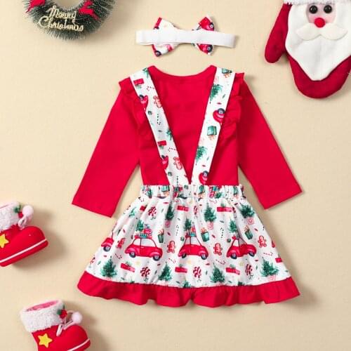 3Pcs Christmas Baby Girls Outfit Round Collar Lace Long Sleeve Letter Romper + Car Printing Suspender Skirt + Headwear