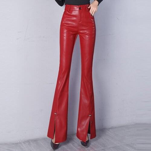 Spring Fall Fashion Office Ladies Womens Red High Waisted Pu Leather Flare Pants , Winter Xxl Elegant Placket Trousers For Woman