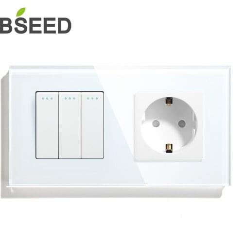 BSEED 3 Gang 1 Way 2 Way EU Standard Button Switch With Sockets Plug Crystal Glass Panel 3 Colors For Home