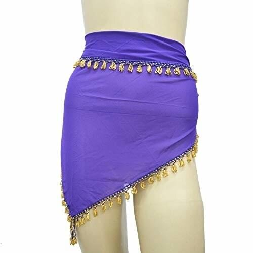 Danza del Vientre, Chal o Cubre Cabeza, pañuelo de Gasa Crep Morado con Abalorios de 145 cm x 85 x 85 cm Aprox. Dorados