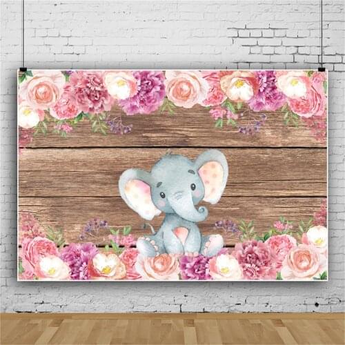 Laeacco Elephant Pink Flower Wooden Boards Background Banner Baby Shower Birthday Customized Photographic Backdrop Photo Studio