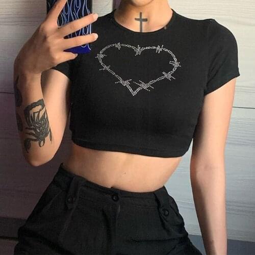 Harajuku Kawaii Woman T-Shirts Short Sleeve Rhinestones Heart Shape Slim Y2K Crop Top Women Tee Shirt Cute E Girl Summer Clothes