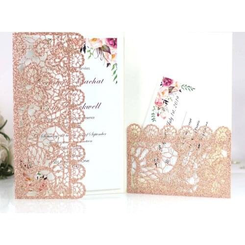 50pcs Pink Gold Glitter Laser Cut Pocket Wedding Invitation Invitations with RSVP Card, Customized Printing Engagement Invites