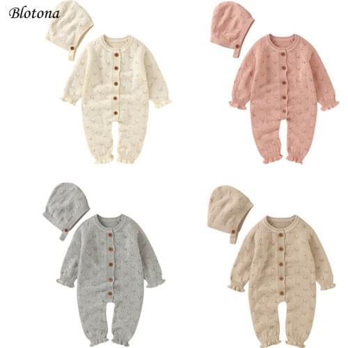 Blotona 2Pcs Baby Autumn Winter Outfit, Solid Color Knitted Long Sleeve Buttons Romper +Hat for Toddler Girls, Boys, 3-24 Months