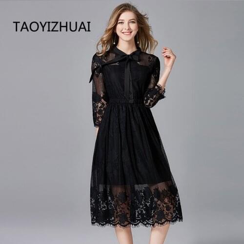 TAOYIZHUAI 2019 New Arrival Spring Mid Calf Bow Tie Plus Size Empire Formal Style Fashion Little Black Lace Dress Women 14212