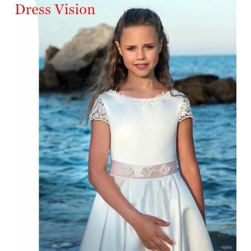 Lace Satin Short Sleeves платья для девочек Flower Girls Dresses First Holy Communion Pageant Party Gown