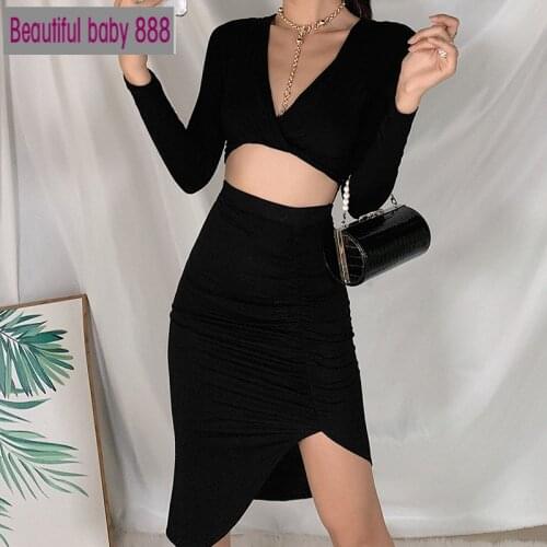 Meqeiss New Autumn Stacked Female Cotton Matching Outfit Cross V-Neck Crop Top&Slit Skirt 2piece Casual Activity Woman Basic Set