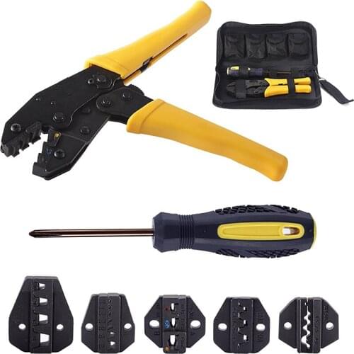 1Set Crimping Tool Kit Ratchet Terminal Connector 5 Interchangeable Die Sets Insulated Cable Wire Hand Tool with Carry Bag