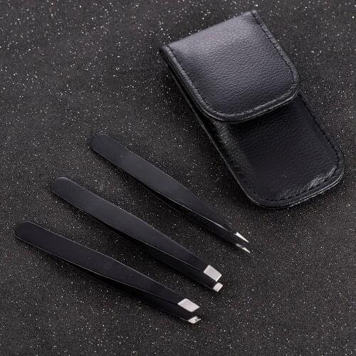 Stainless Steel Makeup Tools Accessory with Black Bag Case Eyebrow Tweezers Point Tip/Slant Tip/Flat Tip Hair Remova 3 PCS/Set