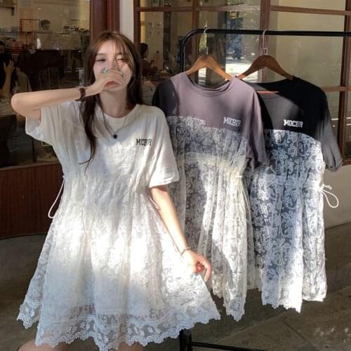 Summer New Style Korean Lace Stitching T-shirt Fake Two-piece Female Skirt Waist Slim Short-sleeved Dress