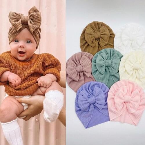 Solid Color Double Bowknot Baby Hat Turban Autumn Winter Warm Infant Toddler Bonnet Soft Elastic Newborn Girl Boy Beanie Cap