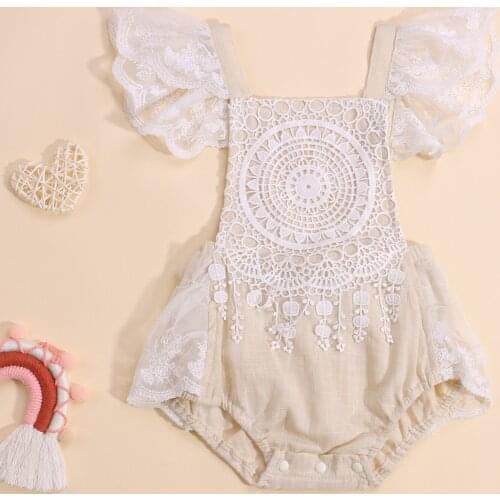0-24M Baby Girls Casual Lace Romper Flower Pattern Fly Sleeve Square Collar Bodysuit Solid Color Backless Lace Up Short Playsuit