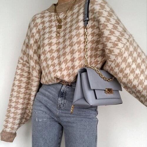 MUICHES Houndstooth Casual Knitted Pullover Femlae O-Neck Batwing Sleeve England Style Sweater 2021 New Winter Geometric