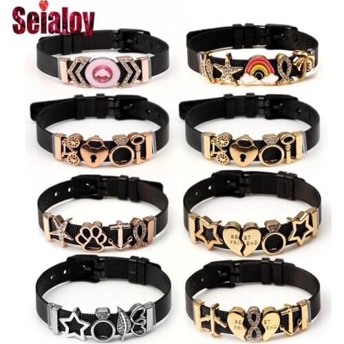 SEIALOY New Casual Black Stainless Steel Mesh Brands Bracelets For Women Men Charms DIY Rose Gold Golden Beads Bracelets
