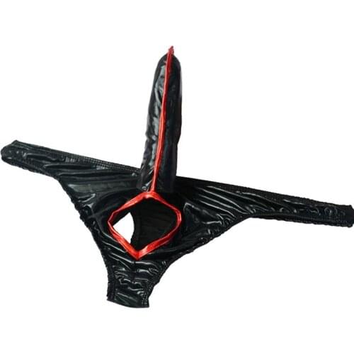 Sexy Men Lingerie Wet Look Metallic T-Back Bikini Shiny Brief Faux Leather Penis Sheath and Crotch Hole Gay Underwear