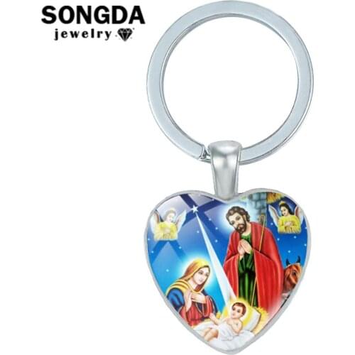 SONGDA Christian Jesus Virgin Mary & Baby Art Photo Key Chain Religious Catholicism Key Ring Holder Prayer God Bless Church Gift