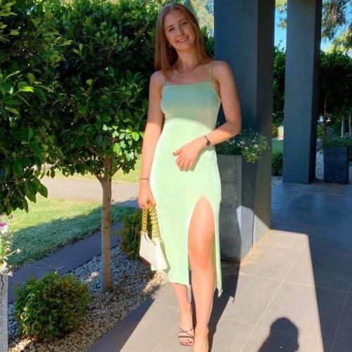 Justchicc Square Collar Side Split Party Dress For Women Solid Backless Mid-calf Vestido Spaghetti Strap Night Club Midi Dresses