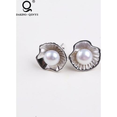 High Quality Jewelry For Women,Simple Shell Shape Design Silver Freshwater Pearl Stud Earrings