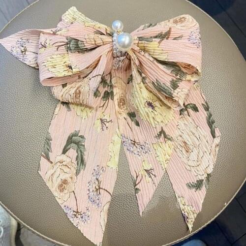 2021 Bowknot Pearl Barrettes Hair Clip Floral Printed Hairpins Ribbon Hair Hair Ponytail Accessories For Women Clips Access T0Z1