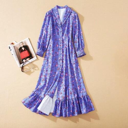 Womens European and American clothing 2021 autumn new style Lantern sleeve long sleeve purple print Fashion fishtail dress