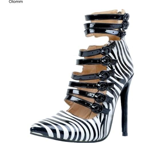 Olomm New Women Shiny Pumps Sexy Stiletto High Heels Pumps Pointed Toe Gorgeous Black Zebra Party Shoes Women Plus US Size 5-15