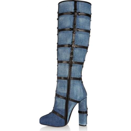 Women Denim Knee High Boots Weaving Zapatos De Mujer Pointed Toe Square High Heels Botas Spring Autumn Shoes Woman Hot Fashion