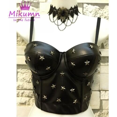 Gothic Punk Black PU Leather Rivet Womens Push Up Bustier Bra Sexy Party Crop Top Vest Plus Size Camis Mujer