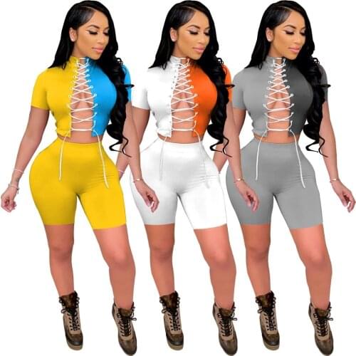 Sexy Tie Front Top and Shorts 2 Pieces Patchwork Sets Women Night Party Club Outfit Turtleneck Top Biker Shorts for Summer 2021