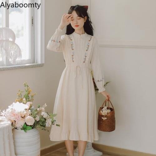 Mori Girl Spring Autumn Women Embroidery Dress Stand Collar Apricot Floral Lace Up Long Dress Vintage Classical Ruffles Dress