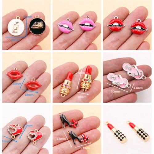 8pcs Elegant Ladies' Enamel Pendant, Red Lips Charm, Perfume Charm, Lipstick Charm, High Heel Charm, Slippers Charm, P65