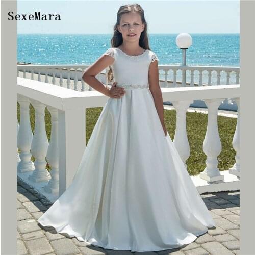 White Flower Girl Dresses For Weddings O Neck Satin Lace Back Vestido De Daminha Girls First Communion Gown