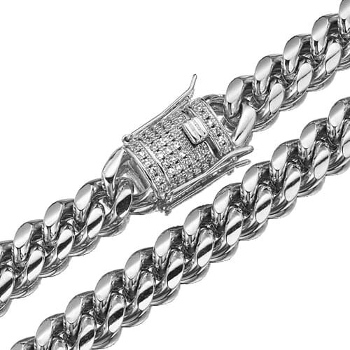 10mm Wide Trendy Stainless Steel Silver Color Miami Cuban Curb Chain With White Crystal Mens Womens Necklace Or Bracelet 7-40"