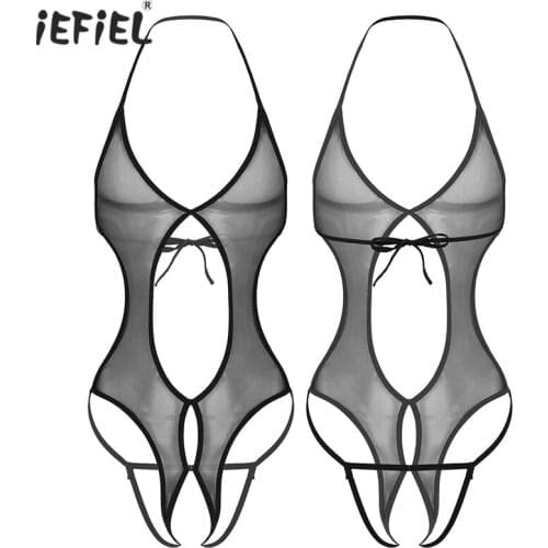 Erotic Mesh Transparent Sissy Bodysuit Crotchless Sexy Lingerie Adjustable Lace-up Gay Men Catsuit Bodycon Open Crotch Underwear