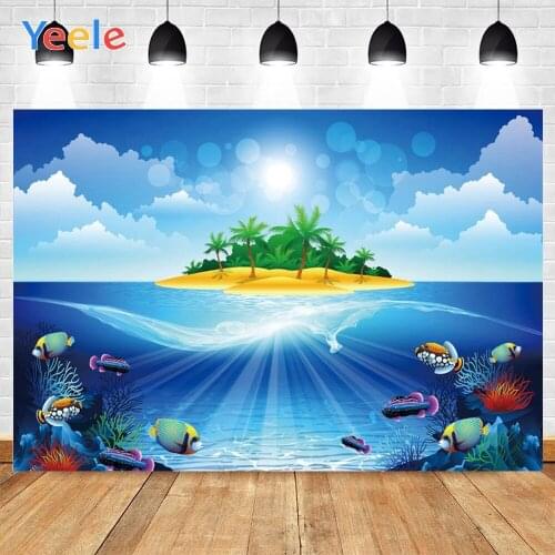 Yeele Sunny Sea Fish Small Island Green Tree Baby Birthday Background Photophone Photography Backdrop for Decor Customized Size