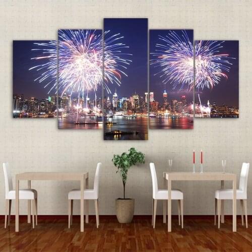 Art Framework Modular Canvas Poster Wall For Living Room Home Decoration 5 Panel Firework In City Festival Painting Pictures