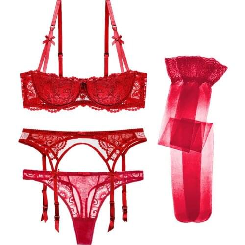 Classic Chinese Red Christmas Red Sexy Fashion Half Cup Push Up Underwear Set Ladies Lace Underwire Bra+Garter+Thong+Stockings