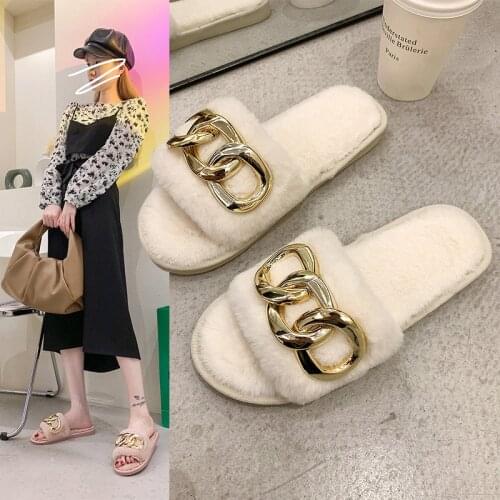 Fashionable Flat Chain One Word with Furry Slippers Female 2021 Fall/winter New Leisure Open-toed Outdoor Home Warm Women Slides